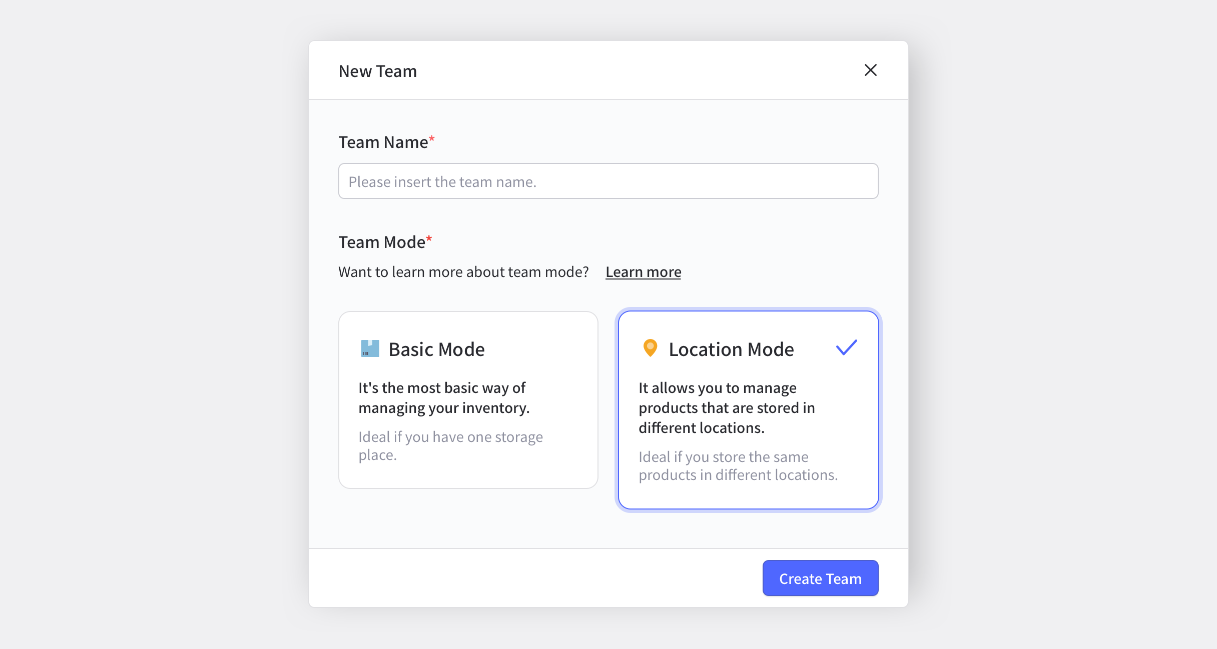 A window for creating a new team with team mode on the BoxHero app
