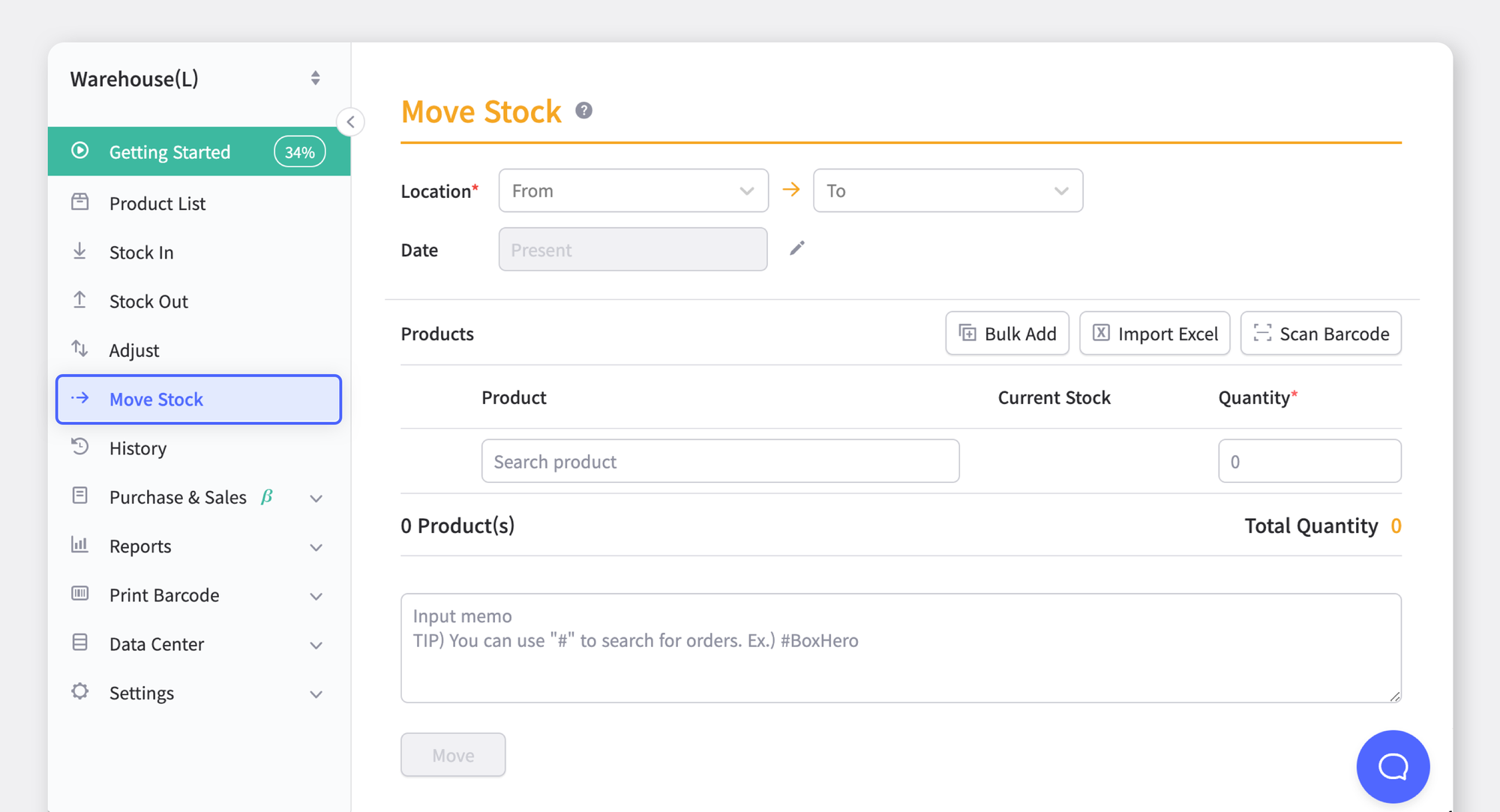 "Move Stock" menu on the BoxHero app
