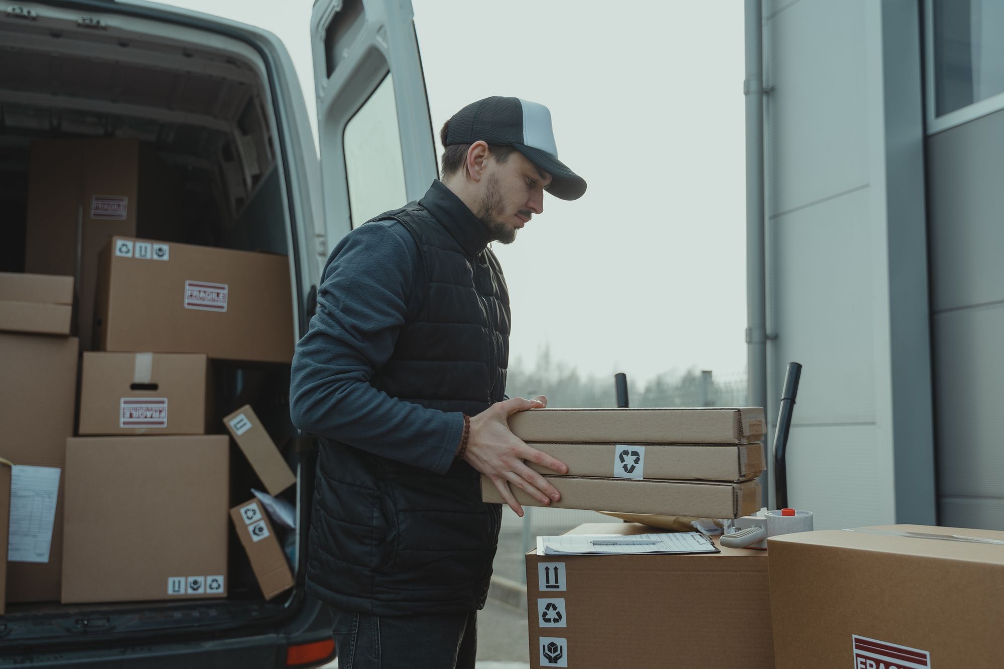 A man delivering packages by unloading boxes from a vehicle